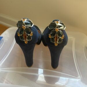 Anthropologie Navy Suede Jeweled Heels